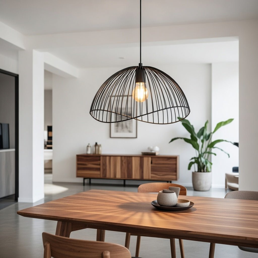 Suspension dôme filaire noire installée au-dessus d’une table à manger en bois