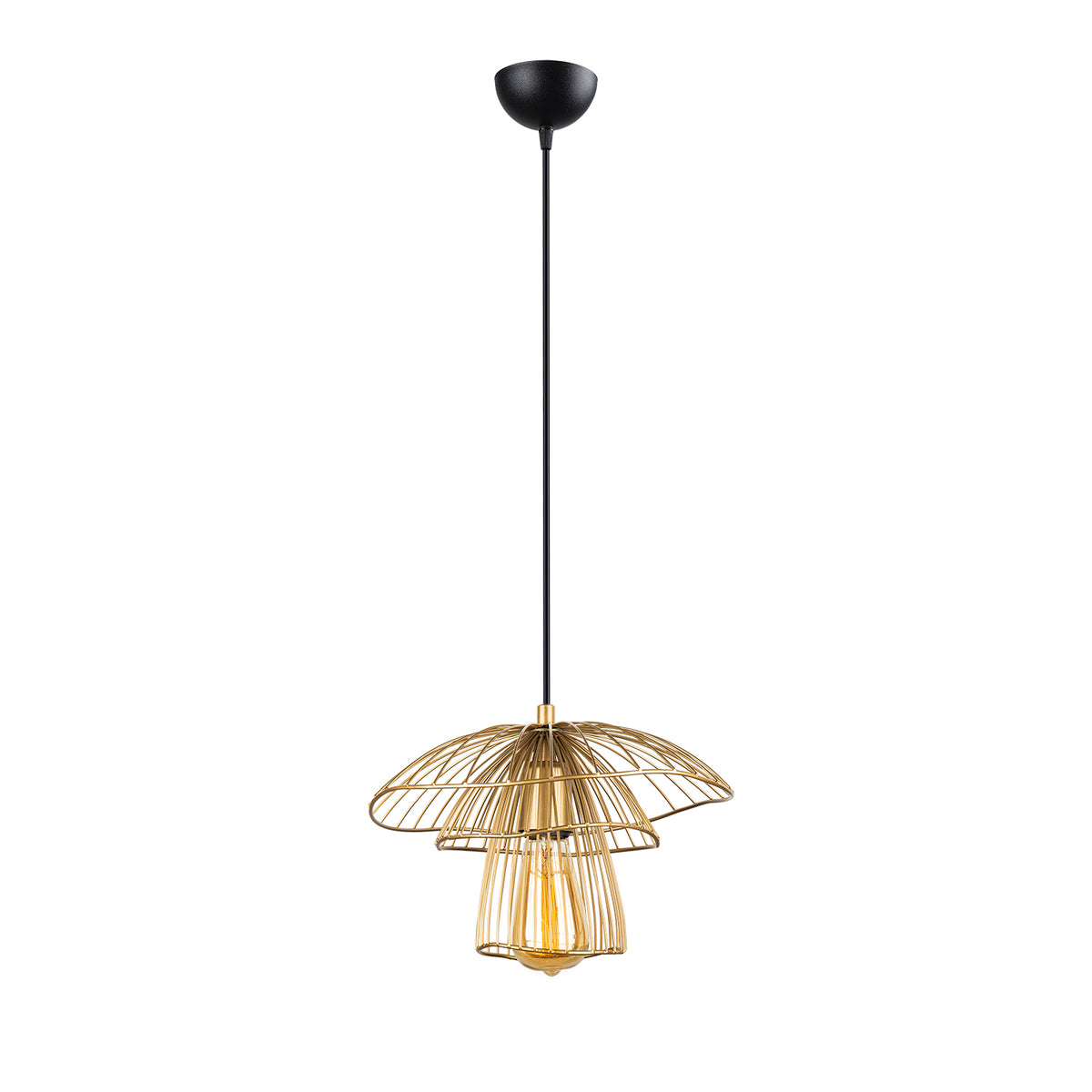 Vue de face de la suspension filaire champignon dorée Ø33 cm