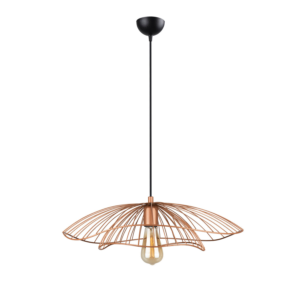 Vue de face de la suspension filaire évasée cuivrée rosée Ø50 cm