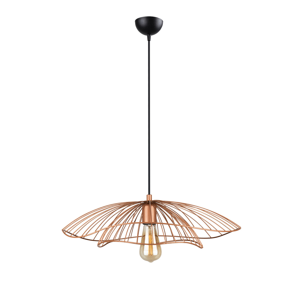 Vue de face de la suspension filaire évasée cuivrée rosée Ø50 cm