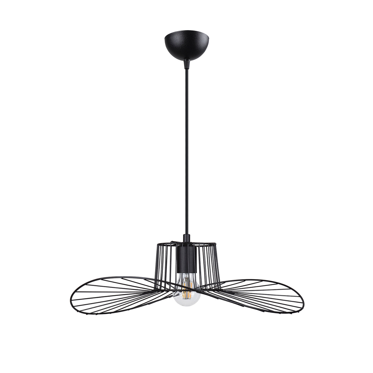 Vue de face de la suspension filaire noire évasée Ø49 cm sur fond blanc