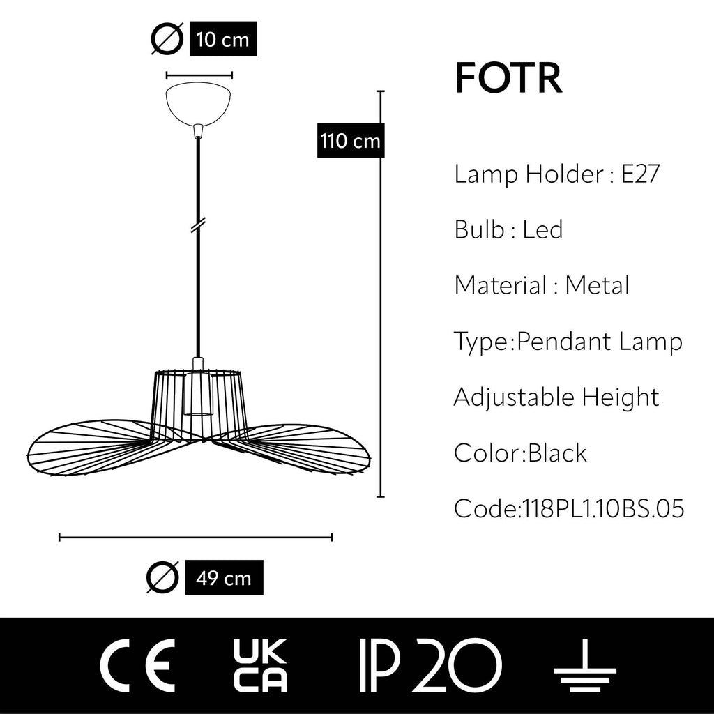 Schéma technique de la suspension filaire noire Ø49 cm et hauteur 110 cm