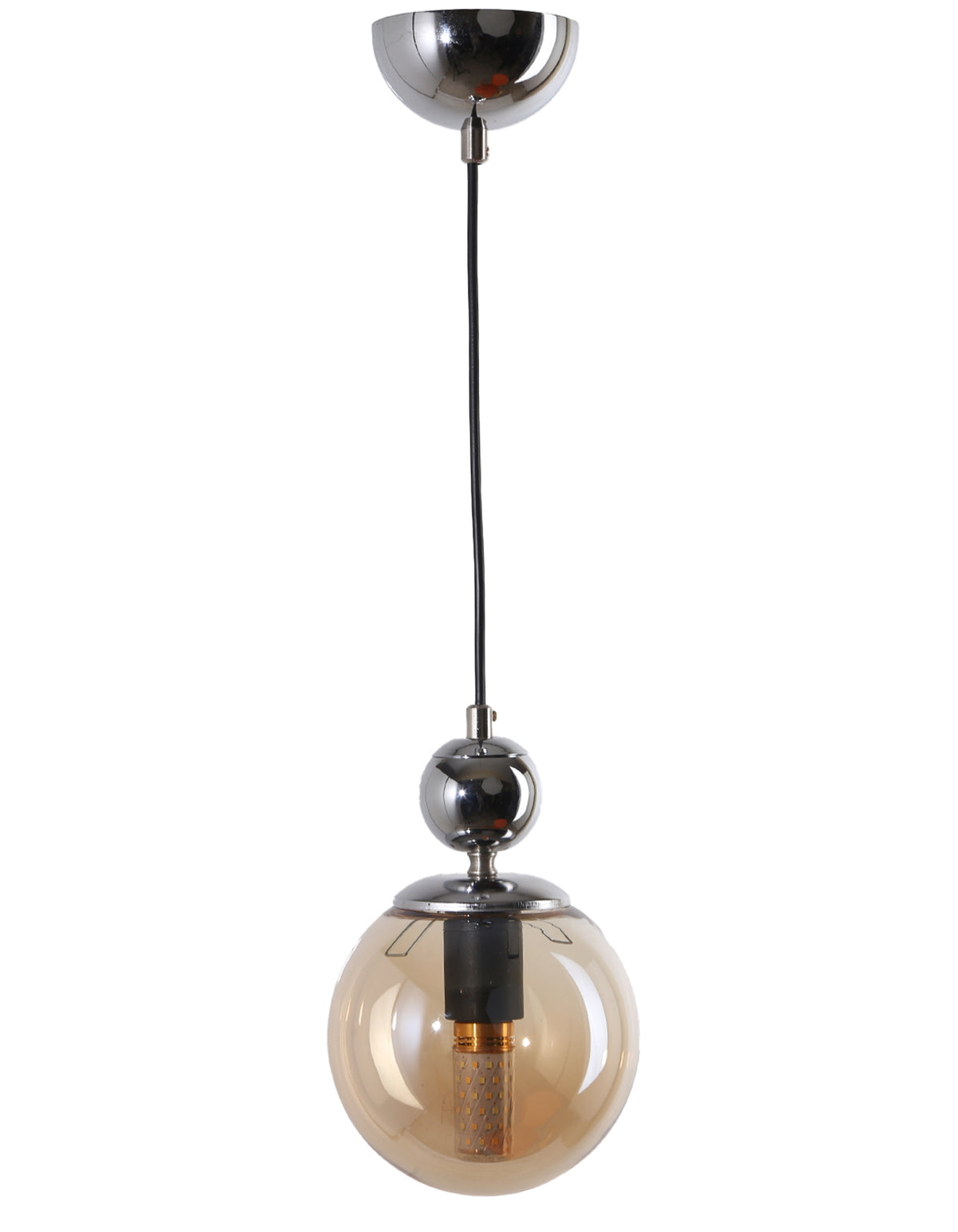 Suspension 1 globe en verre ambré transparent avec structure en chrome brillant vue de face
