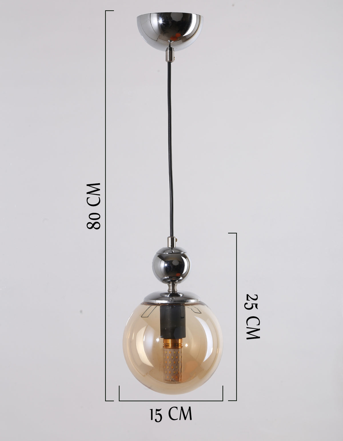 Dimensions de la suspension globe ambré et chrome brillant, hauteur 80 cm et diamètre 15 cm