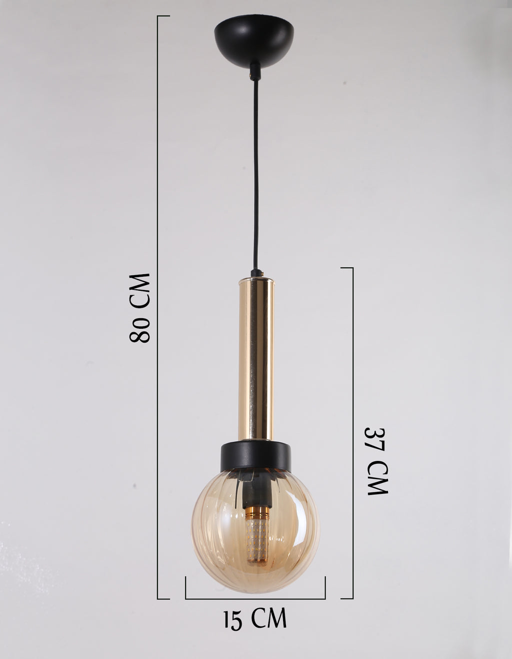 Dimensions de la suspension globe ambré côtelé, hauteur 80 cm et diamètre 15 cm
