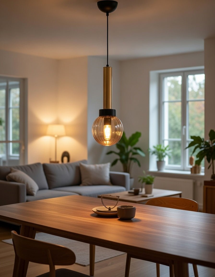 Suspension globe ambré côtelé avec cylindre doré installée au-dessus d’une table à manger