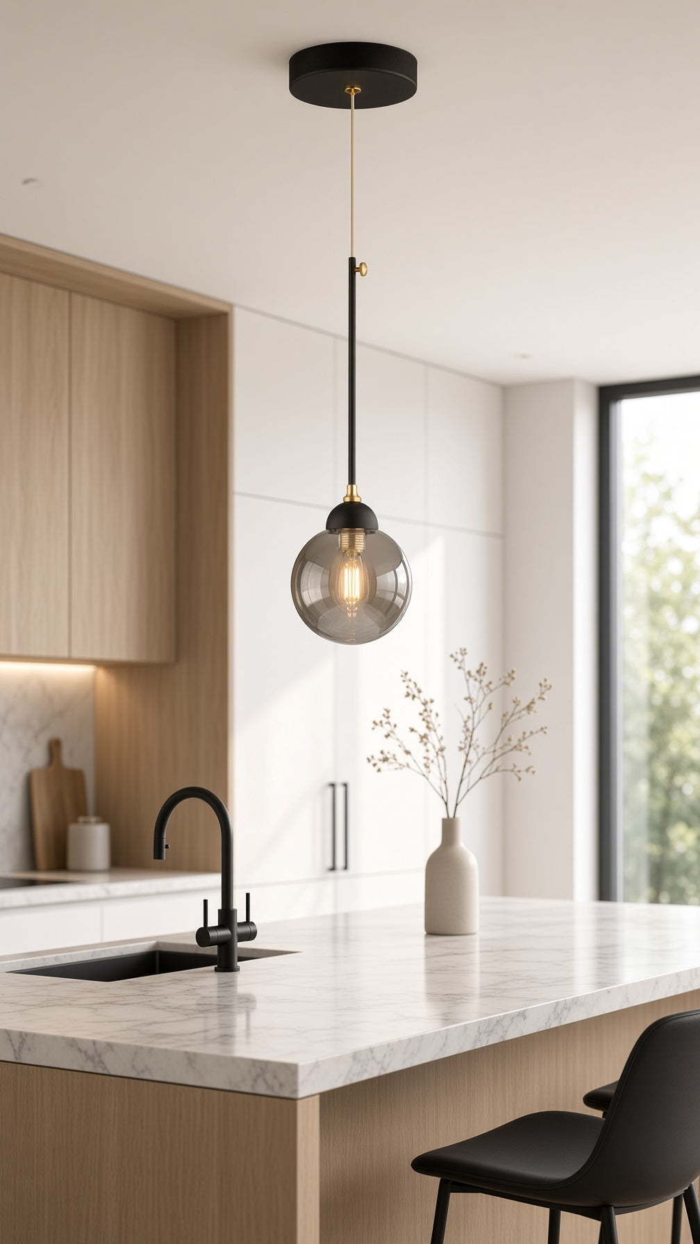 Suspension noire et dorée avec globe en verre ambré installée au-dessus d’un îlot de cuisine moderne