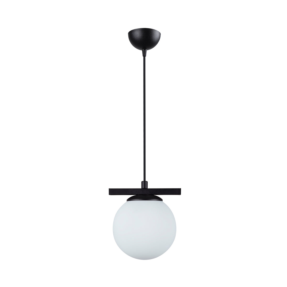 Vue de la suspension avec globe blanc opale et barre horizontale noire