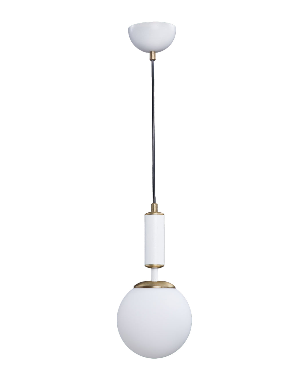 Vue de la suspension avec globe blanc opale, cylindre blanc mat et finition laiton brossé