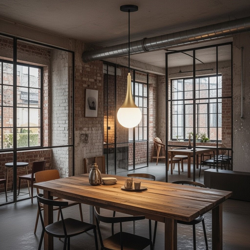 Suspension globe blanc opale avec col conique doré installée au-dessus d'une table à manger
