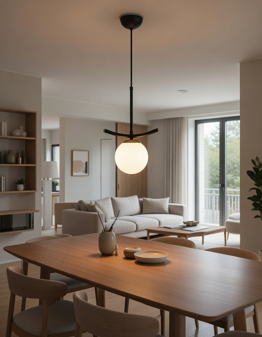 Suspension globe blanc opale avec structure noire et détails dorés installée au-dessus d'une table