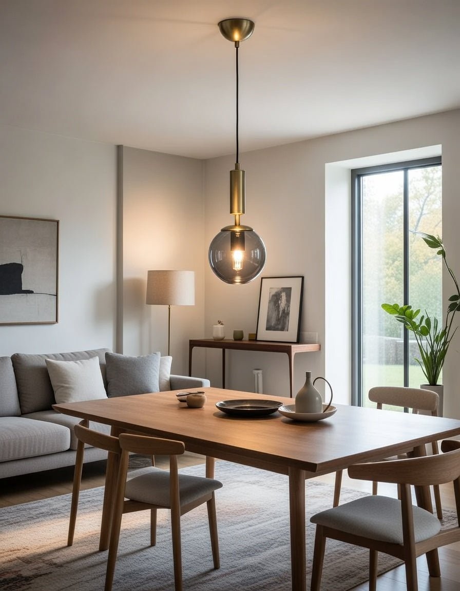 Suspension globe fumé et finition laiton brossé installée au-dessus d'une table de salle à manger
