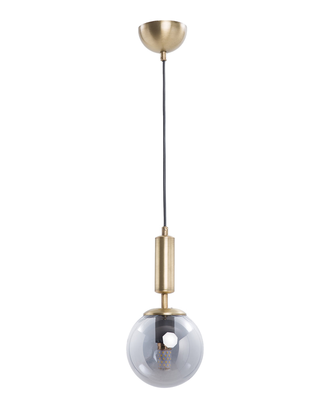 Vue de la suspension avec globe en verre fumé transparent et cylindre finition laiton brossé