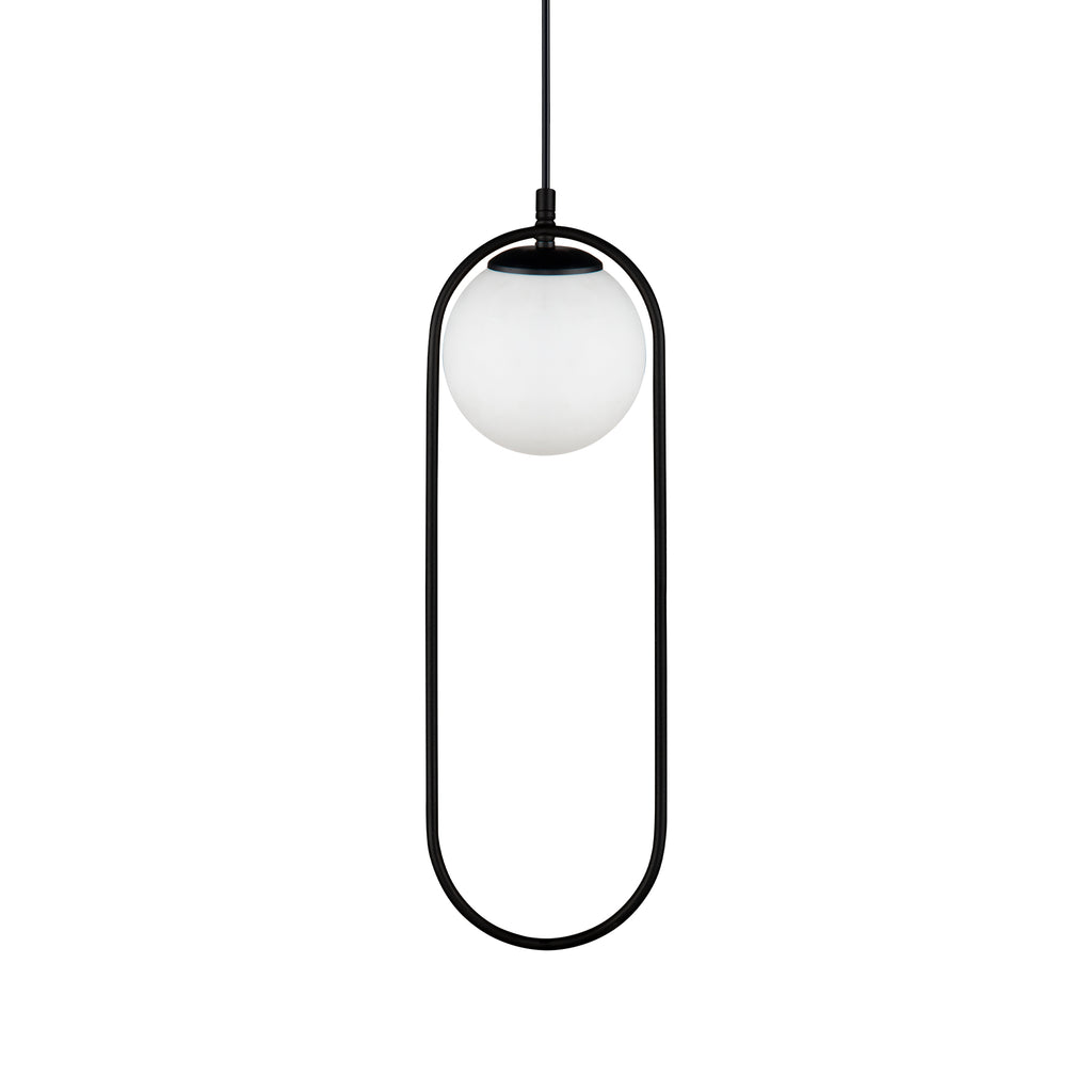 Vue de face de la suspension moderne avec globe blanc opale et cadre ovale noir