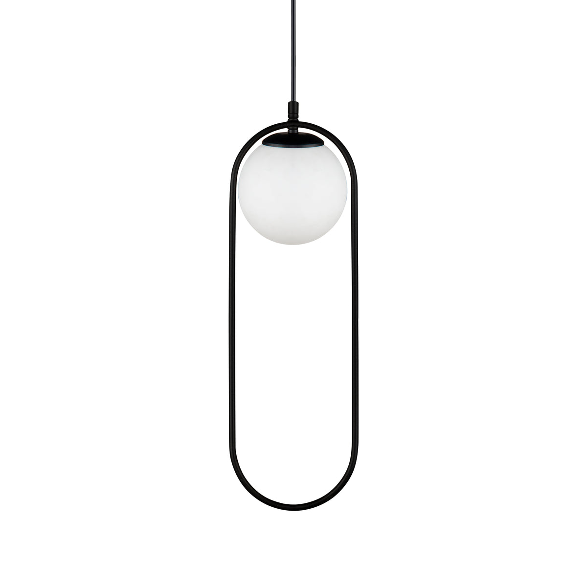 Vue de face de la suspension moderne avec globe blanc opale et cadre ovale noir