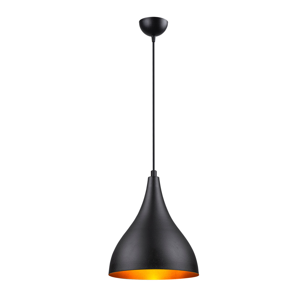Vue de face de la suspension goutte noir mat avec intérieur doré