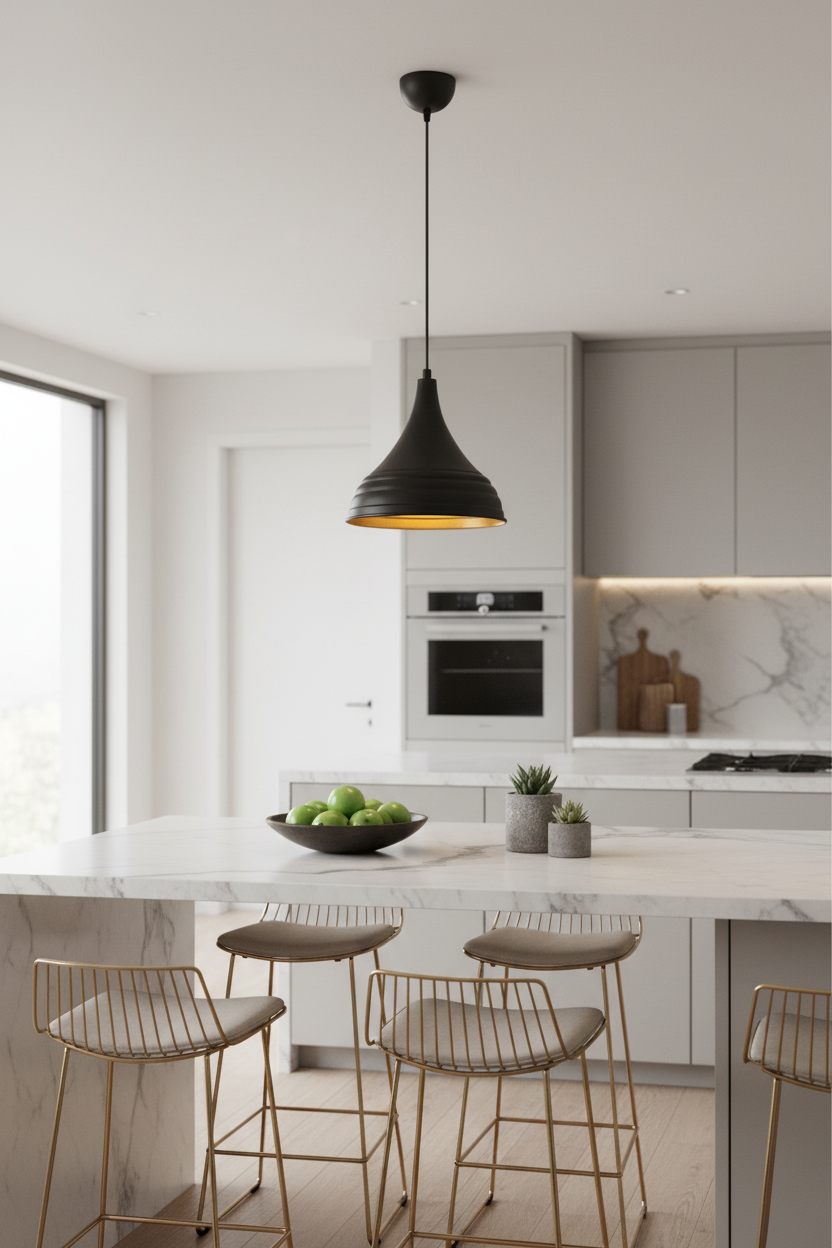 Suspension industrielle noir et or mise en valeur