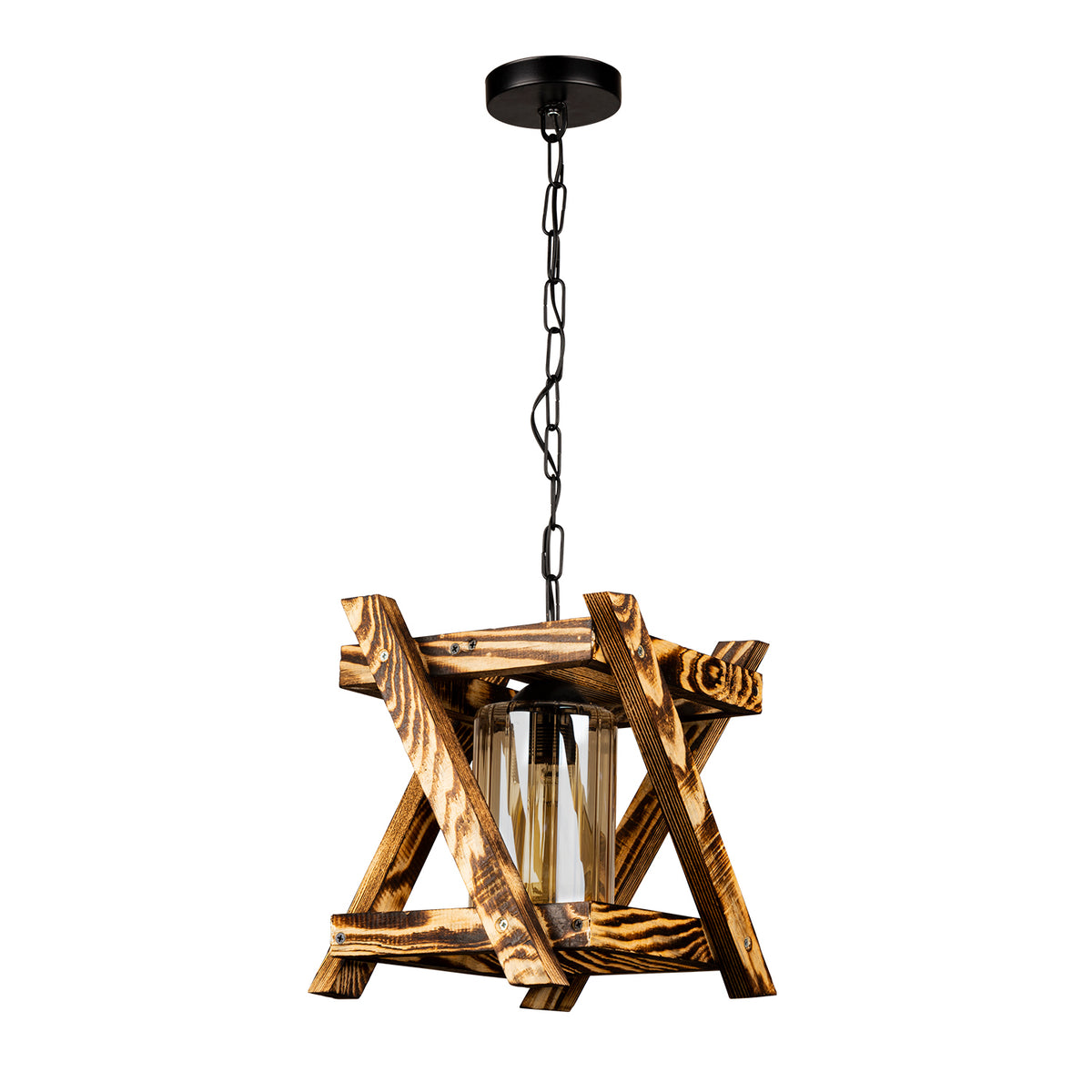 Vue de la suspension rustique en bois naturel avec poutres entrecroisées et chaîne noire